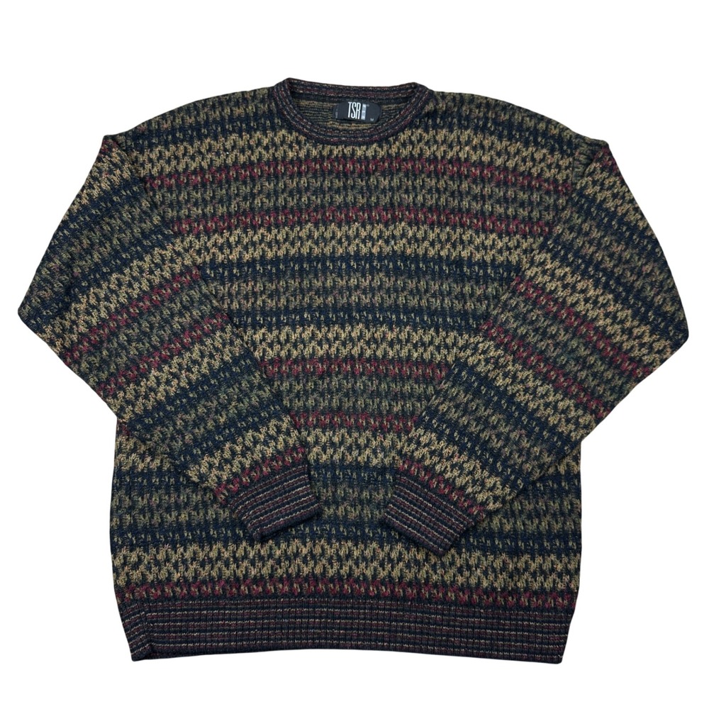 Vintage TSR Made In USA Textured Knit Crewneck Sweater Earthy 90s Coogi Style